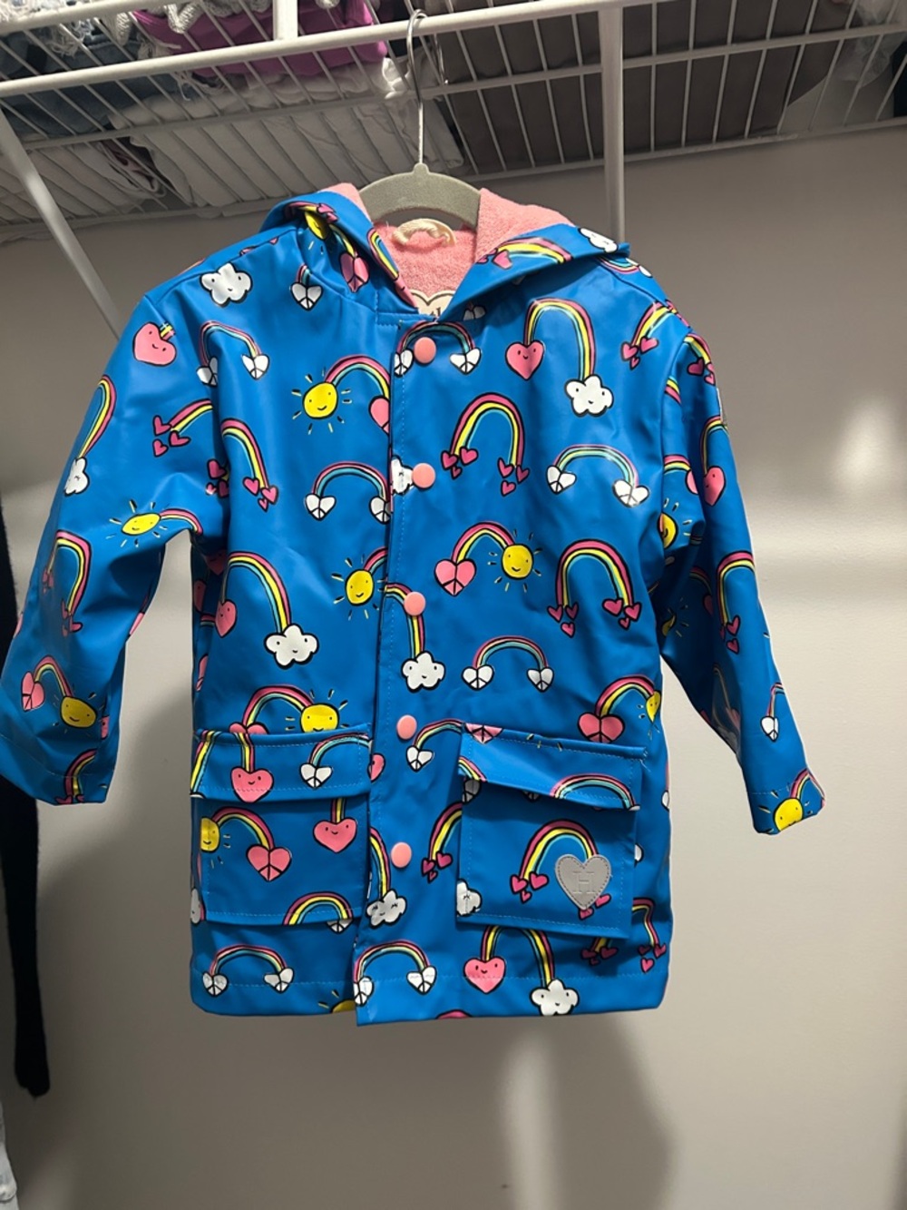 Hatley- Girls' Bright Blue Raincoat with Rainbows & Hearts